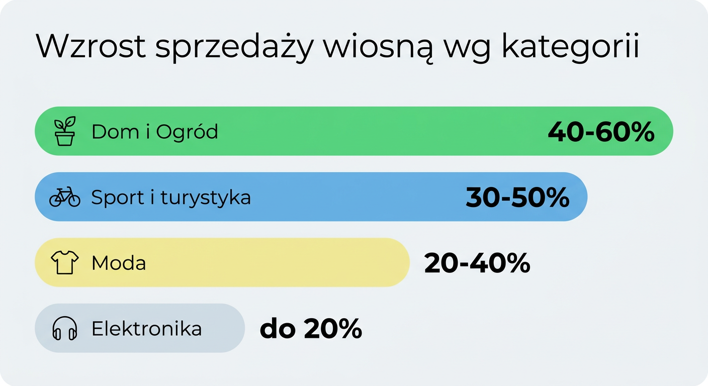 Wykres wzrostu sprzedaży wiosną w kategoriach Dom i Ogród, sport, moda i elektronika