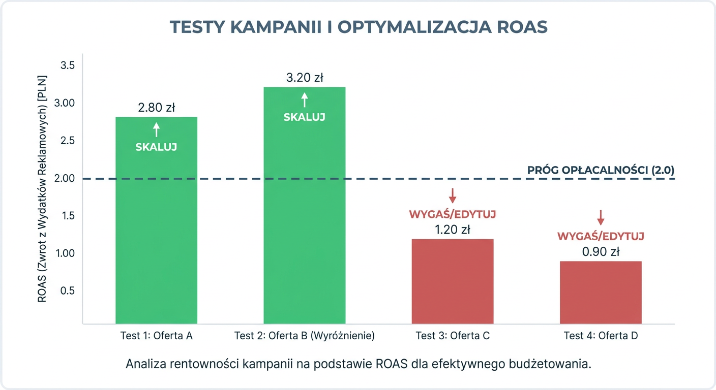 Wykres porównujący ROAS kilku testowych kampanii Allegro z progiem opłacalności