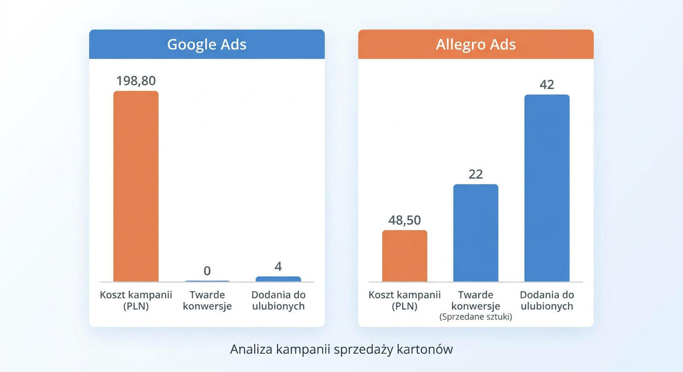 Wykres porównujący koszty i konwersje Google Ads oraz Allegro Ads