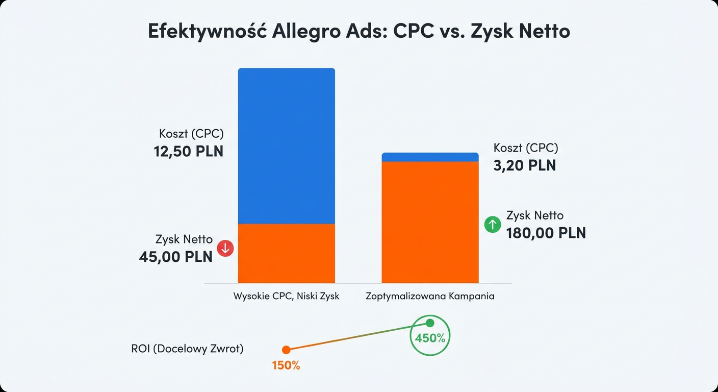 Wykres porównujący koszt kliknięcia i rentowność kampanii Allegro Ads